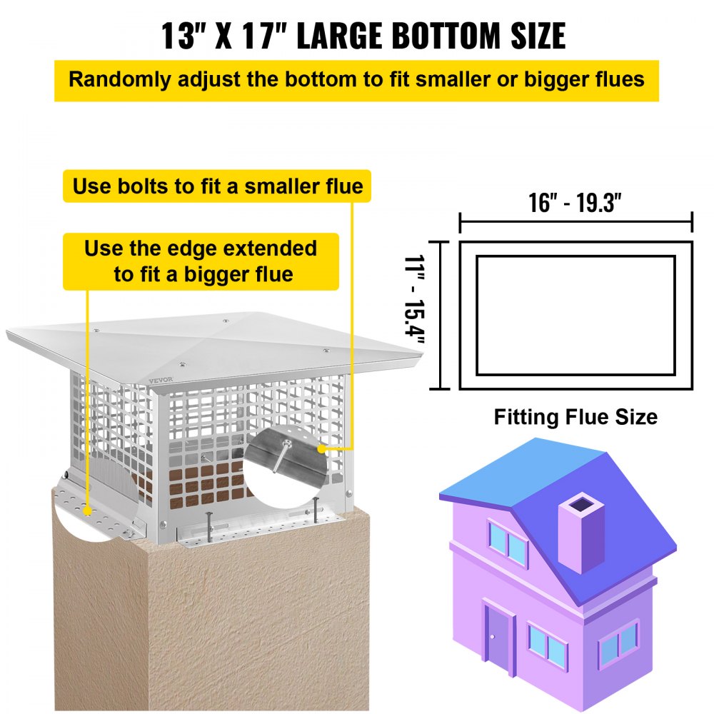 Chimney Cap, 13" x 17" Flue Caps, 304 Stainless Steel Fireplace Chimney Cover, Adjustable Metal Spark Arrestor with Bolts Screws, Mesh Chimney Flue Cover for Outside Existing Clay Flue Tile