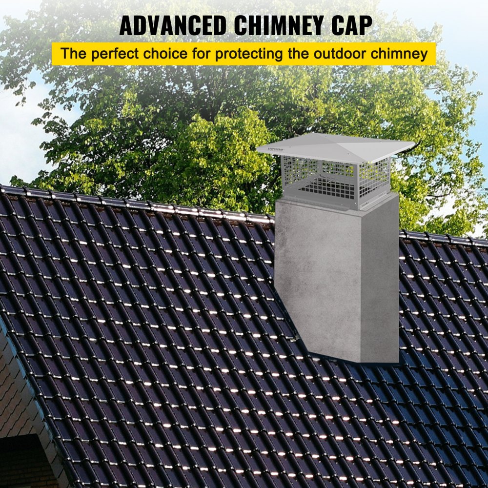 Silver adjustable stainless steel chimney cap installed on a dark shingled roof with green trees in the background.