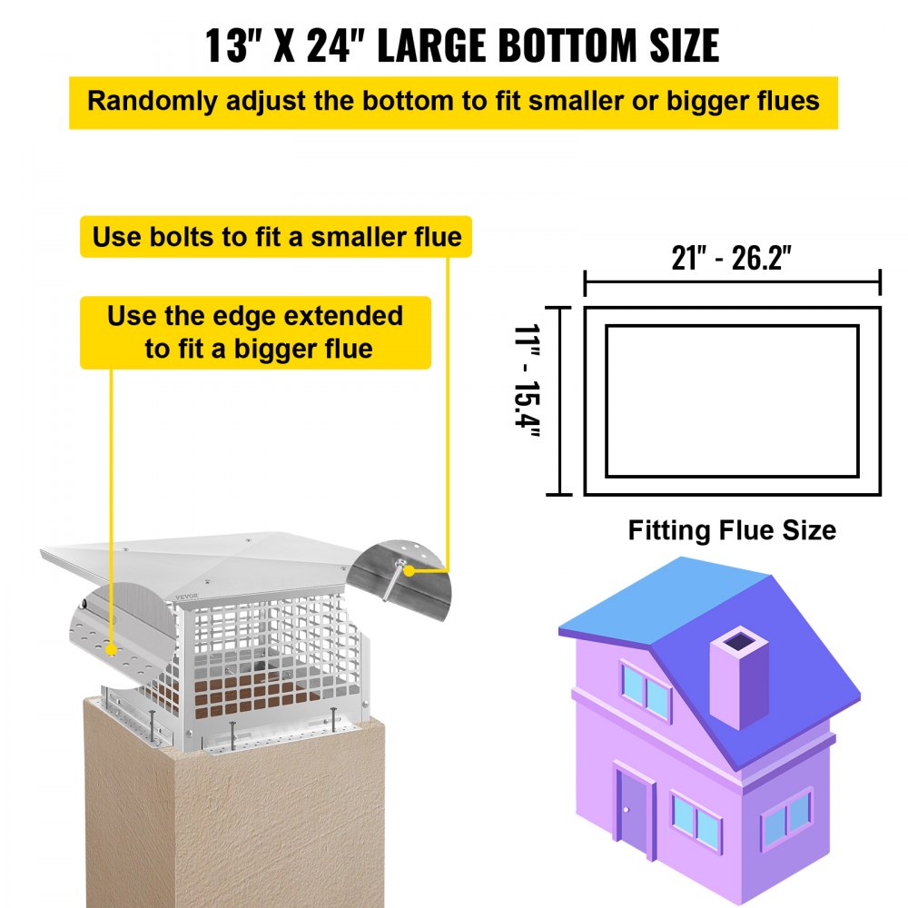 13x24 inch adjustable stainless steel chimney cap with mesh screen and telescoping base for flue fitting.