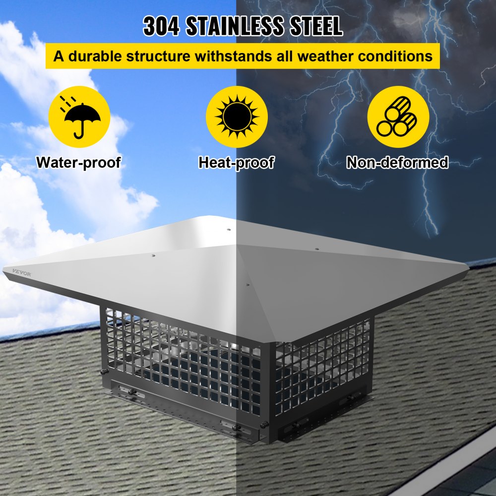 304 stainless steel adjustable chimney cap, 13x24 inches, with mesh screen on roof.