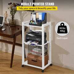 Printer Stand, 3-Tier Rolling Printer Cart, Adjustable Storage Shelf Rack on Lockable Wheels, 19.69x 13.78x 42 inch Printer Table for Home Office Small Spaces Organization, White