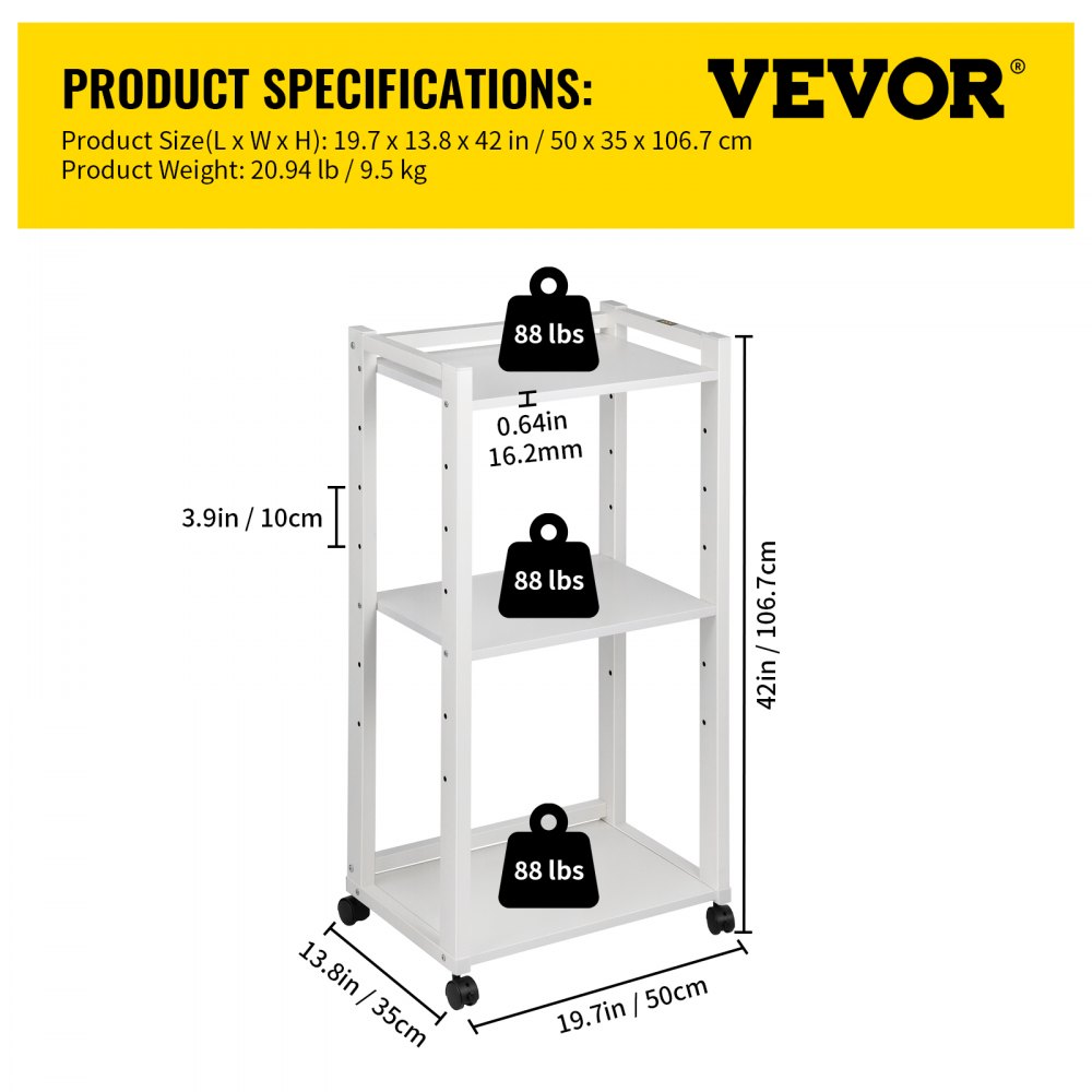 Printer Stand, 3-Tier Rolling Printer Cart, Adjustable Storage Shelf Rack on Lockable Wheels, 19.69x 13.78x 42 inch Printer Table for Home Office Small Spaces Organization, White