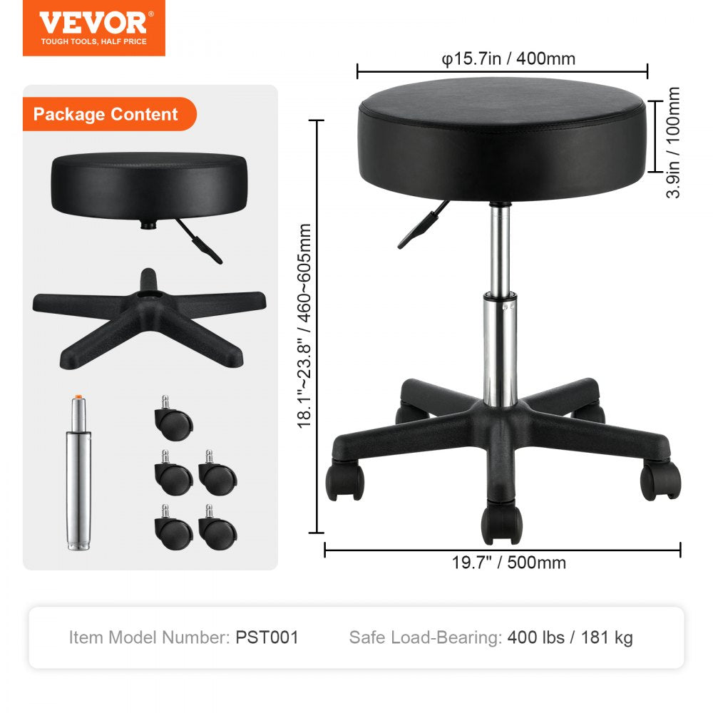 Rolling Stools with Wheels, 400 LBS Weight Capacity Adjustable Height Stool with Ultra-Thick Seat Cushion, Swivel Stools Chair for Salon, Bar, Home, Office, Tatoo, Medical, Massage, Black