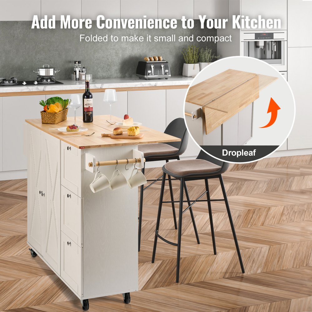 Kitchen Island Cart with Solid Wood Top, 45.3" Width Mobile Carts with Storage Cabinet, Rolling Kitchen Table with Spice Rack, Towel Rack, Drop Leaf and Drawer, Portable Islands on Wheels, White