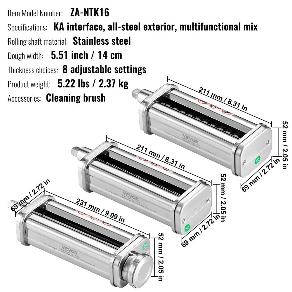 Pasta Attachment for KitchenAid Stand Mixer, Stainless Steel Pasta Roller Cutter Set Including Pasta Sheet Roller, Spaghetti and Fettuccine Cutter, 8 Adjustable Thickness Knob Pasta Maker, 3Pcs