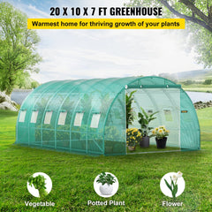 Walk-in Tunnel Greenhouse, 20 x 10 x 7 ft Portable Plant Hot House w/ Galvanized Steel Hoops, 3 Top Beams, Diagonal Poles, 2 Zippered Doors & 12 Roll-up Windows, Green