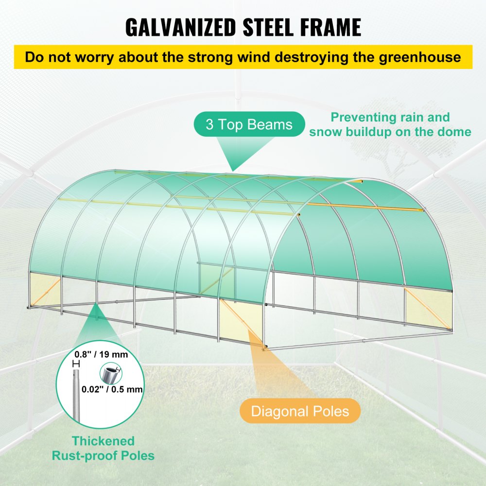 Walk-in Tunnel Greenhouse, 20 x 10 x 7 ft Portable Plant Hot House w/ Galvanized Steel Hoops, 3 Top Beams, Diagonal Poles, 2 Zippered Doors & 12 Roll-up Windows, Green