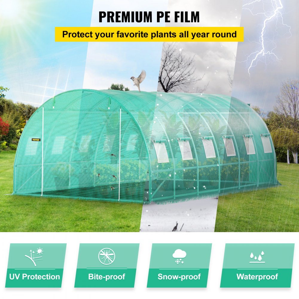 Walk-in Tunnel Greenhouse, 20 x 10 x 7 ft Portable Plant Hot House w/ Galvanized Steel Hoops, 3 Top Beams, Diagonal Poles, 2 Zippered Doors & 12 Roll-up Windows, Green