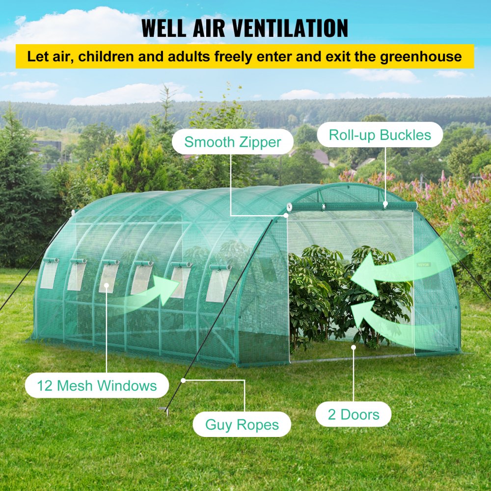 Walk-in Tunnel Greenhouse, 20 x 10 x 7 ft Portable Plant Hot House w/ Galvanized Steel Hoops, 3 Top Beams, Diagonal Poles, 2 Zippered Doors & 12 Roll-up Windows, Green