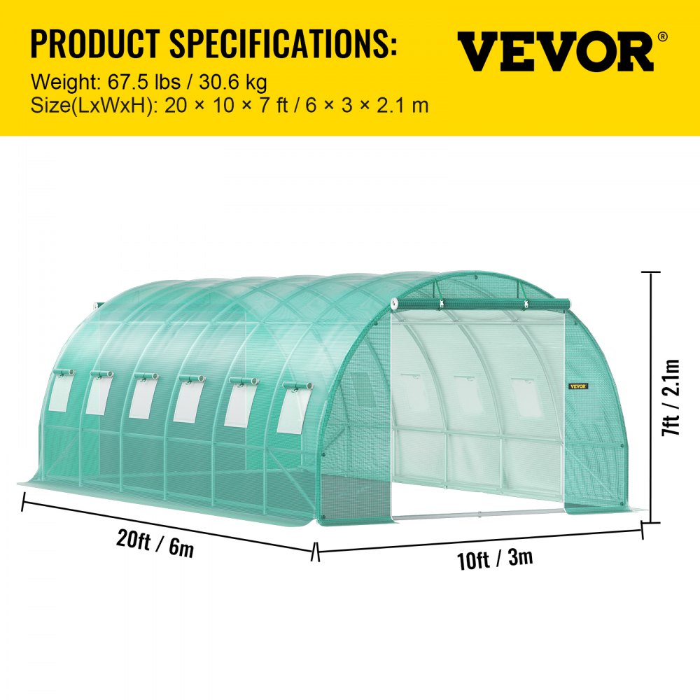 Walk-in Tunnel Greenhouse, 20 x 10 x 7 ft Portable Plant Hot House w/ Galvanized Steel Hoops, 3 Top Beams, Diagonal Poles, 2 Zippered Doors & 12 Roll-up Windows, Green