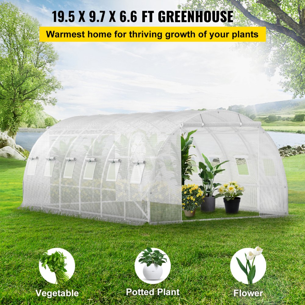 Walk-in Tunnel Greenhouse, 20 x 10 x 7 ft Portable Plant Hot House w/ Galvanized Steel Hoops, 3 Top Beams, Diagonal Poles, 2 Zippered Doors & 12 Roll-up Windows, White
