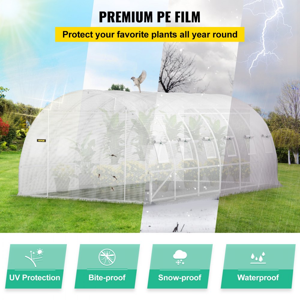 Walk-in Tunnel Greenhouse, 20 x 10 x 7 ft Portable Plant Hot House w/ Galvanized Steel Hoops, 3 Top Beams, Diagonal Poles, 2 Zippered Doors & 12 Roll-up Windows, White