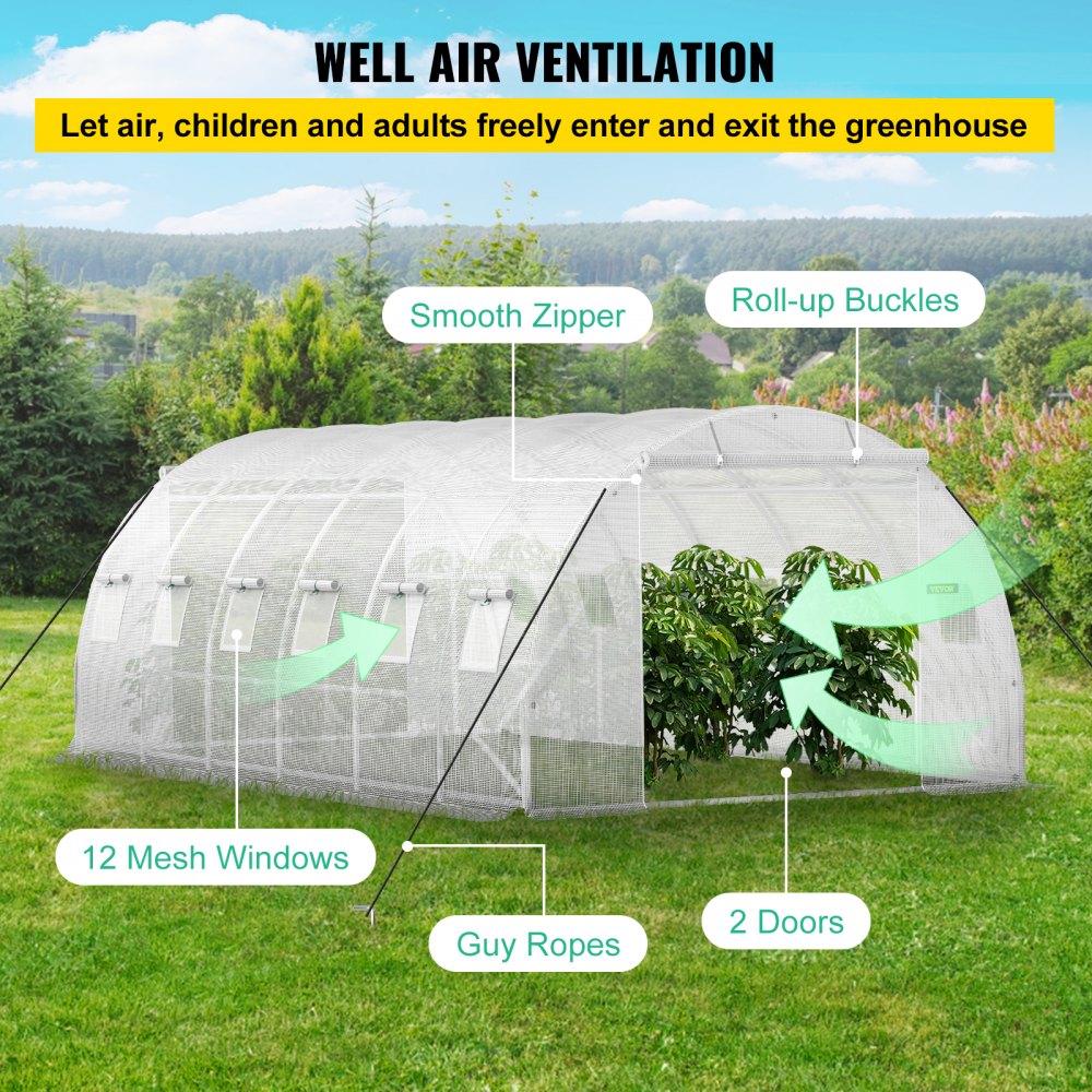 Walk-in Tunnel Greenhouse, 20 x 10 x 7 ft Portable Plant Hot House w/ Galvanized Steel Hoops, 3 Top Beams, Diagonal Poles, 2 Zippered Doors & 12 Roll-up Windows, White