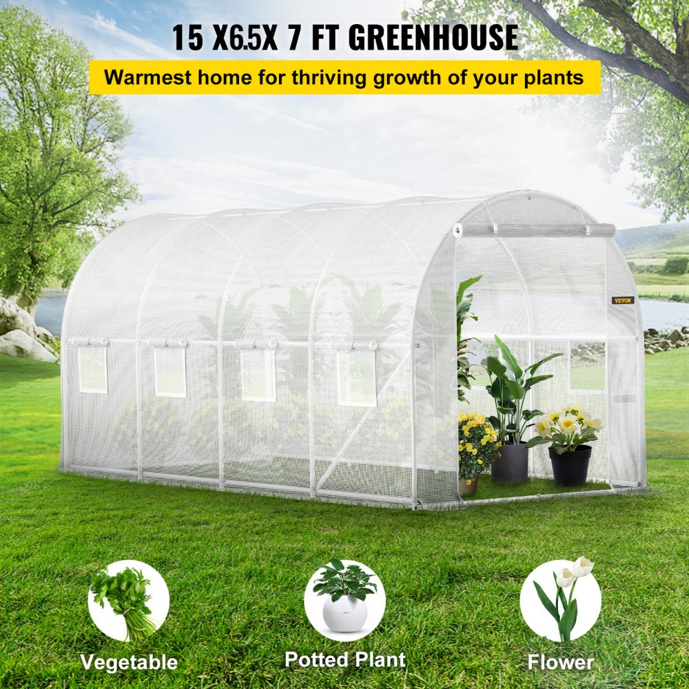 Walk-in Tunnel Greenhouse, 15 x 7 x 7 ft Portable Plant Hot House w/ Galvanized Steel Hoops, 1 Top Beam, Diagonal Poles, Zippered Door & 8 Roll-up Windows, White