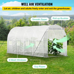 Walk-in Tunnel Greenhouse, 15 x 7 x 7 ft Portable Plant Hot House w/ Galvanized Steel Hoops, 1 Top Beam, Diagonal Poles, Zippered Door & 8 Roll-up Windows, White