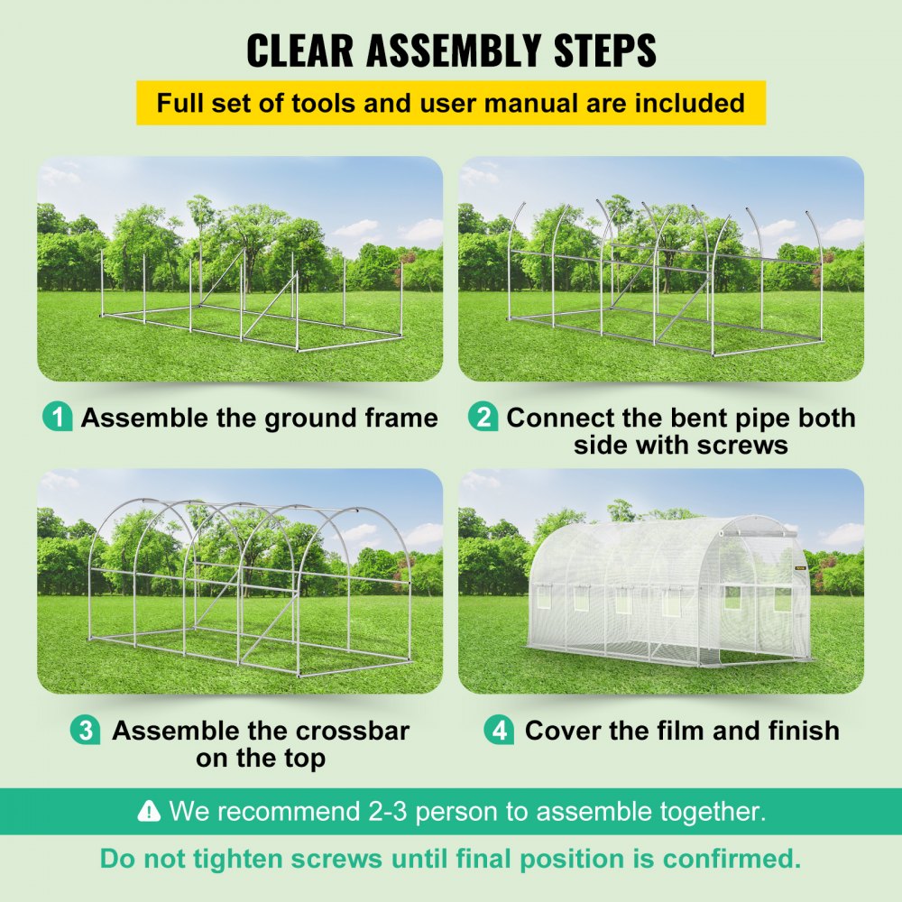 Walk-in Tunnel Greenhouse, 15 x 7 x 7 ft Portable Plant Hot House w/ Galvanized Steel Hoops, 1 Top Beam, Diagonal Poles, Zippered Door & 8 Roll-up Windows, White