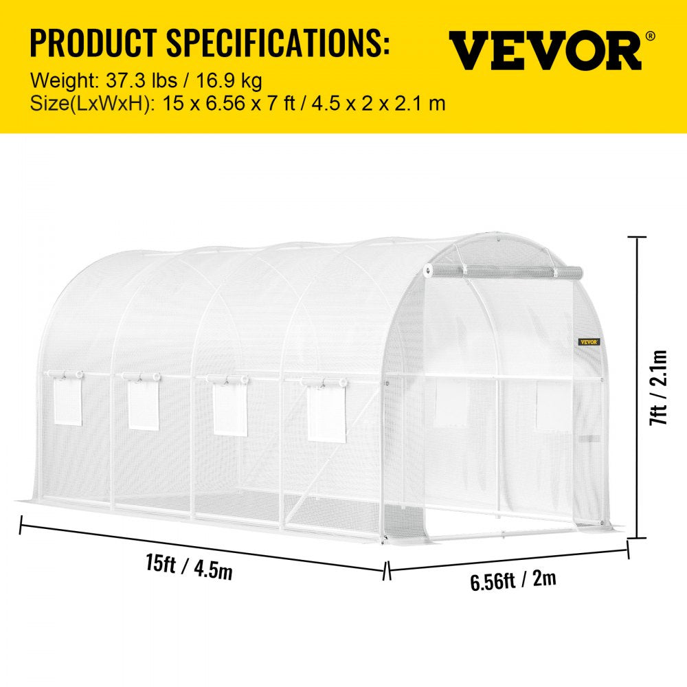Walk-in Tunnel Greenhouse, 15 x 7 x 7 ft Portable Plant Hot House w/ Galvanized Steel Hoops, 1 Top Beam, Diagonal Poles, Zippered Door & 8 Roll-up Windows, White