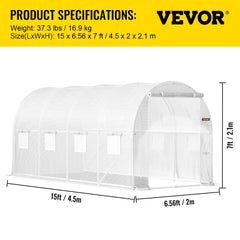 Walk-in Tunnel Greenhouse, 15 x 7 x 7 ft Portable Plant Hot House w/ Galvanized Steel Hoops, 1 Top Beam, Diagonal Poles, Zippered Door & 8 Roll-up Windows, White