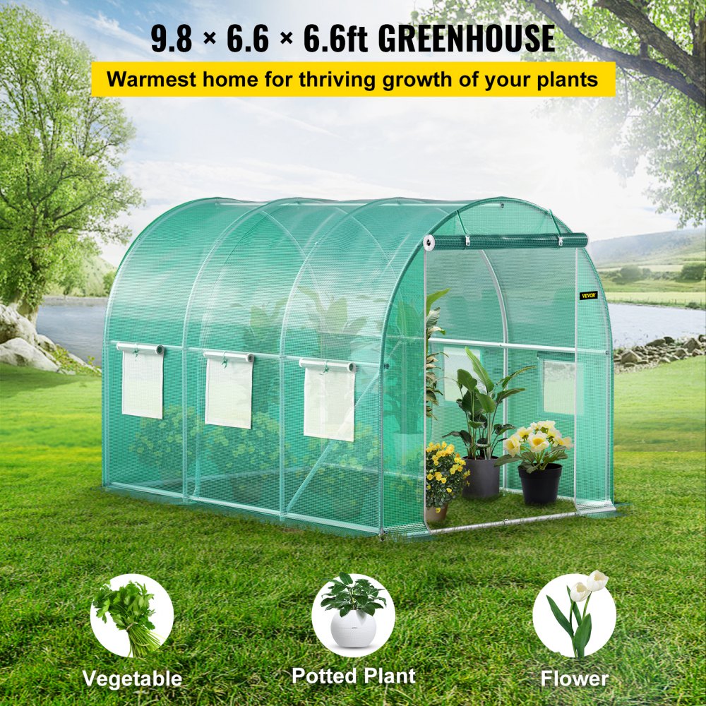 Walk-in Tunnel Greenhouse, 9.8 x 6.6 x 6.6 ft Portable Plant Hot House w/ Galvanized Steel Hoops, 1 Top Beam, Diagonal Poles, Zippered Door & 6 Roll-up Windows, Green