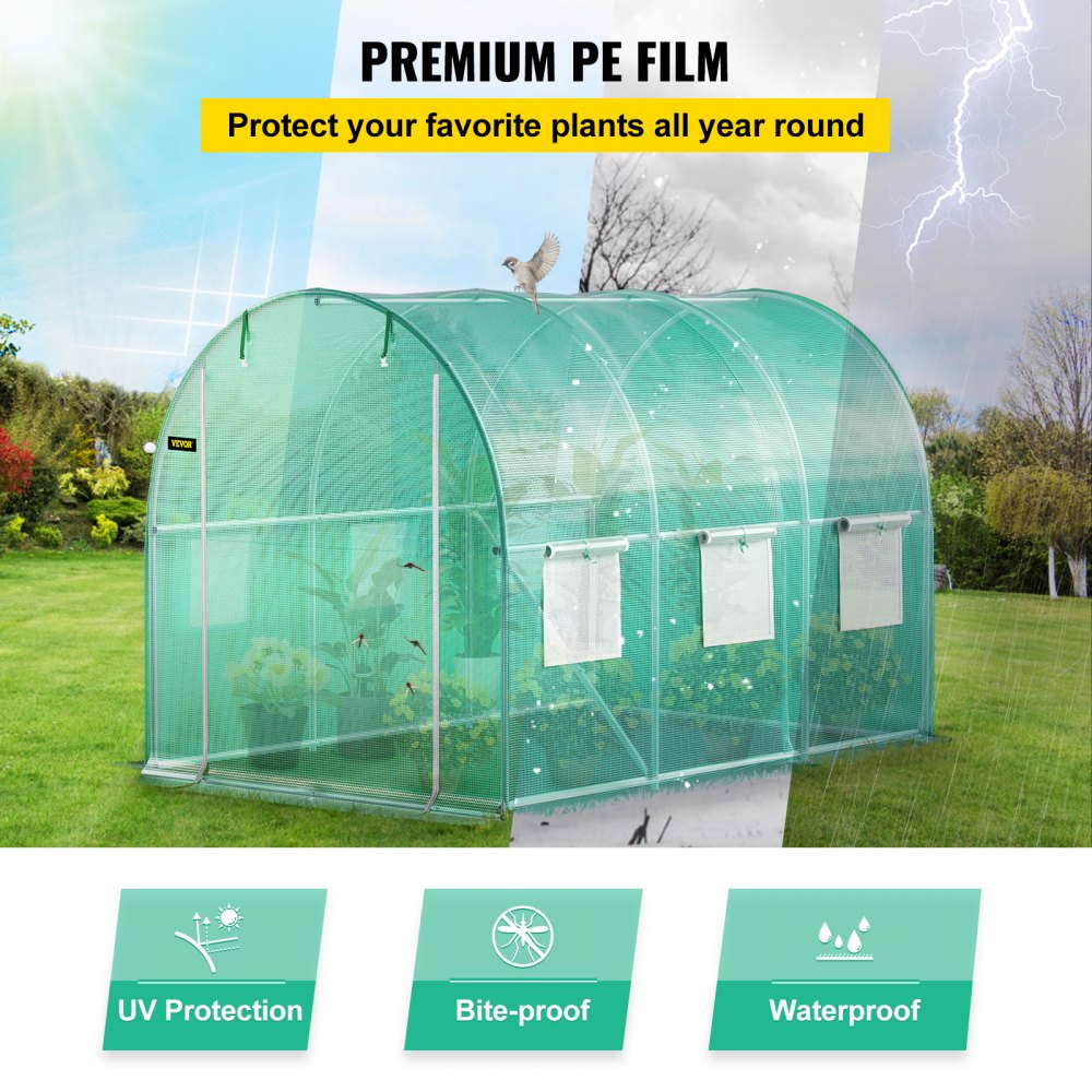 Walk-in Tunnel Greenhouse, 9.8 x 6.6 x 6.6 ft Portable Plant Hot House w/ Galvanized Steel Hoops, 1 Top Beam, Diagonal Poles, Zippered Door & 6 Roll-up Windows, Green