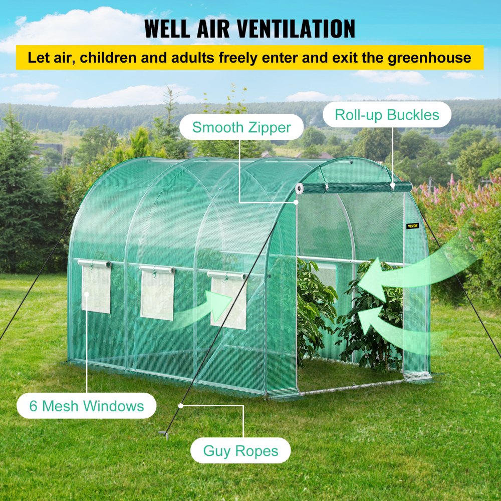 Walk-in Tunnel Greenhouse, 9.8 x 6.6 x 6.6 ft Portable Plant Hot House w/ Galvanized Steel Hoops, 1 Top Beam, Diagonal Poles, Zippered Door & 6 Roll-up Windows, Green