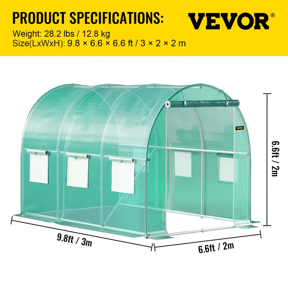 Walk-in Tunnel Greenhouse, 9.8 x 6.6 x 6.6 ft Portable Plant Hot House w/ Galvanized Steel Hoops, 1 Top Beam, Diagonal Poles, Zippered Door & 6 Roll-up Windows, Green