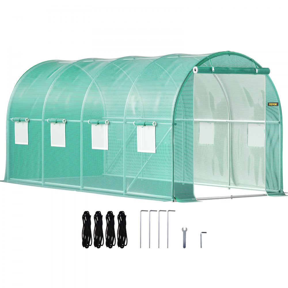 Walk-in Tunnel Greenhouse, 15 x 7 x 7 ft Portable Plant Hot House w/ Galvanized Steel Hoops, 1 Top Beam, Diagonal Poles, Zippered Door & 8 Roll-up Windows, Green