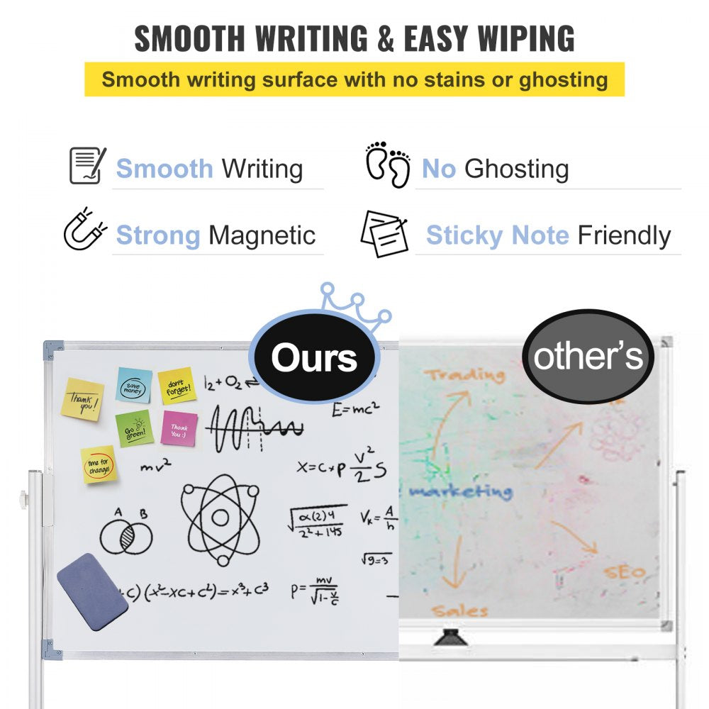 Mobile Magnetic Whiteboard, 36 x 24 Inch, Double Sided, 360 Degree Reversible Rolling Dry Erase Board, Height Adjustable with Aluminum Frame and Lockable Swivel Wheels, for Office School Home