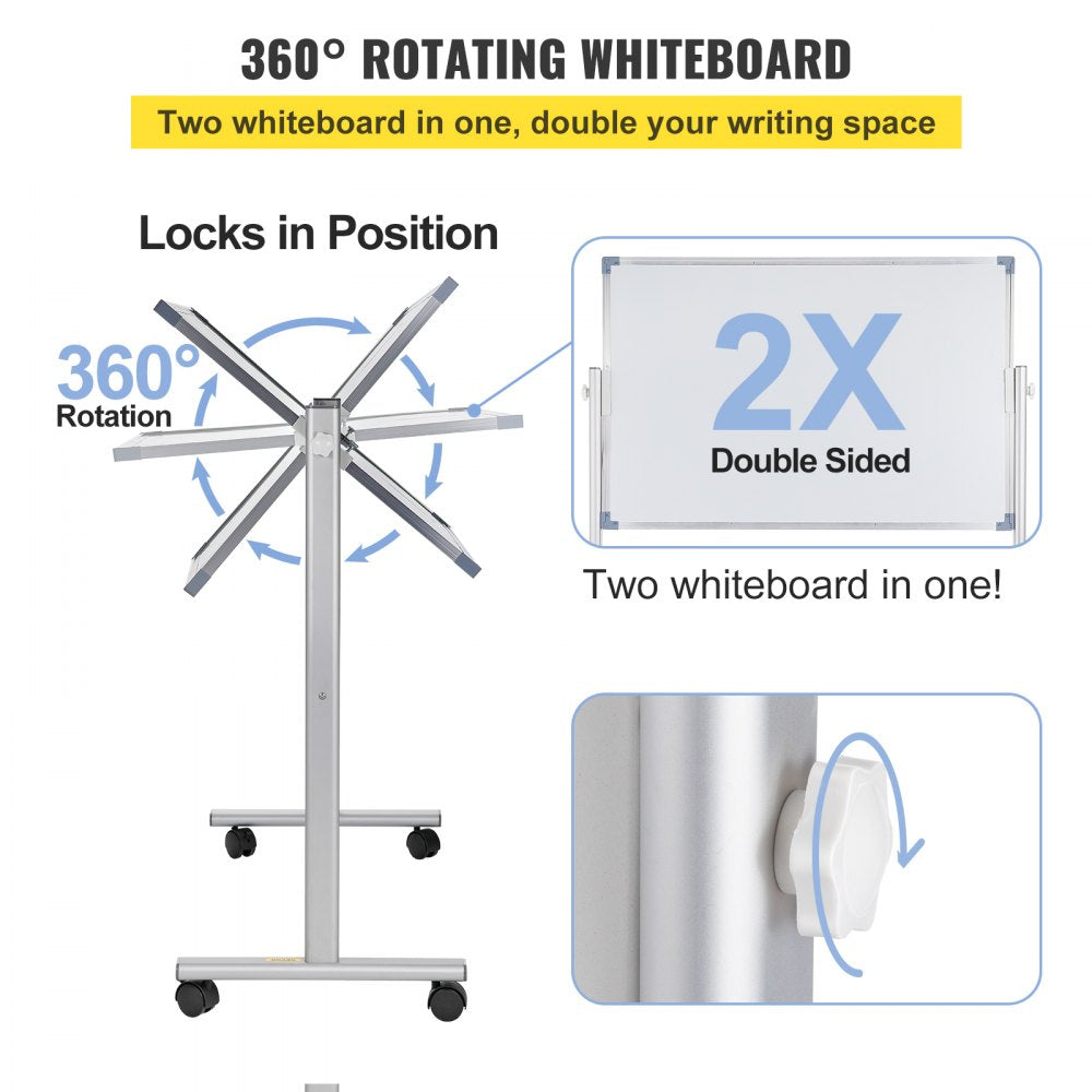Mobile Magnetic Whiteboard, 36 x 24 Inch, Double Sided, 360 Degree Reversible Rolling Dry Erase Board, Height Adjustable with Aluminum Frame and Lockable Swivel Wheels, for Office School Home
