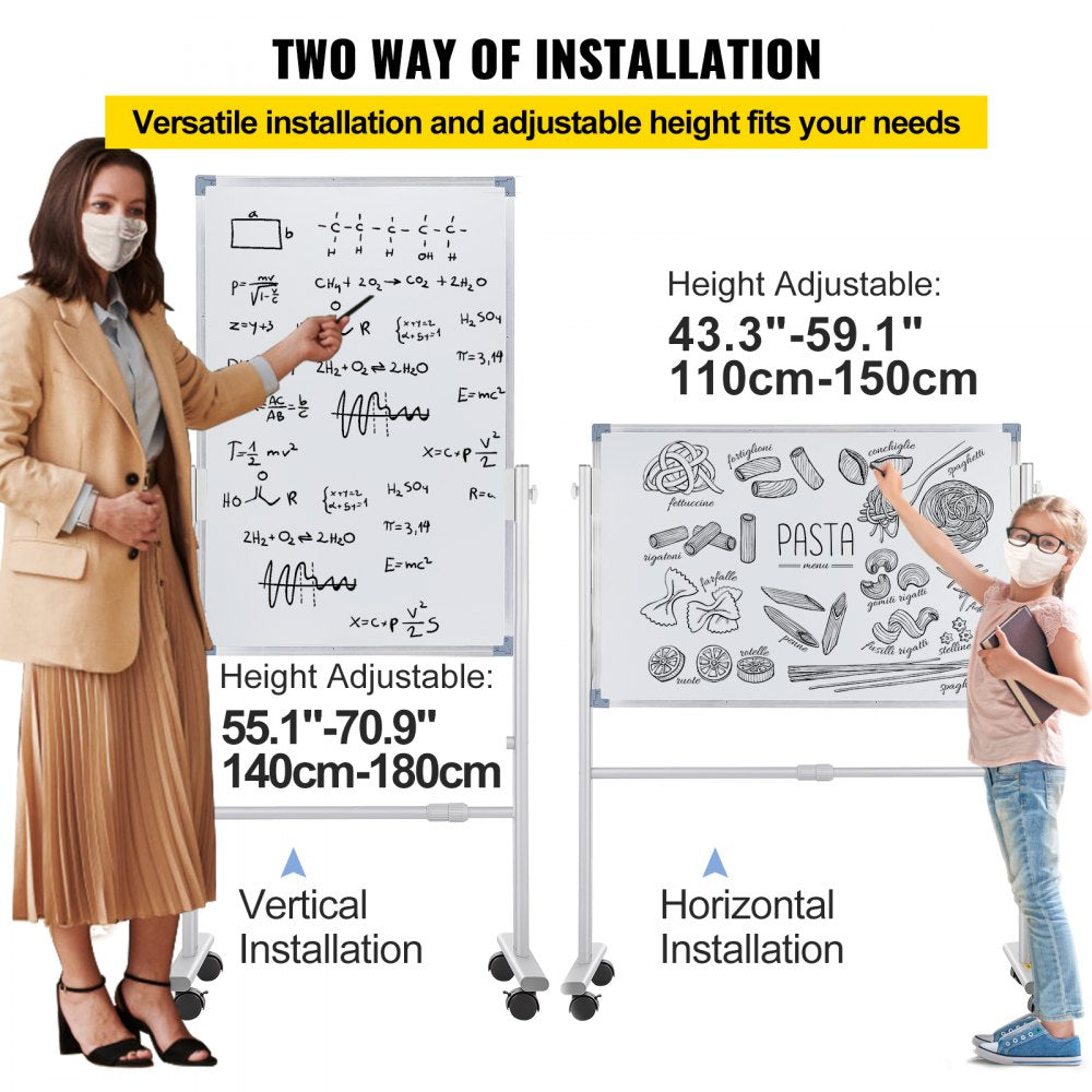 Mobile Magnetic Whiteboard, 36 x 24 Inch, Double Sided, 360 Degree Reversible Rolling Dry Erase Board, Height Adjustable with Aluminum Frame and Lockable Swivel Wheels, for Office School Home