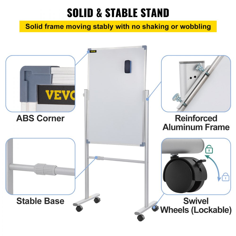 Mobile Magnetic Whiteboard, 36 x 24 Inch, Double Sided, 360 Degree Reversible Rolling Dry Erase Board, Height Adjustable with Aluminum Frame and Lockable Swivel Wheels, for Office School Home