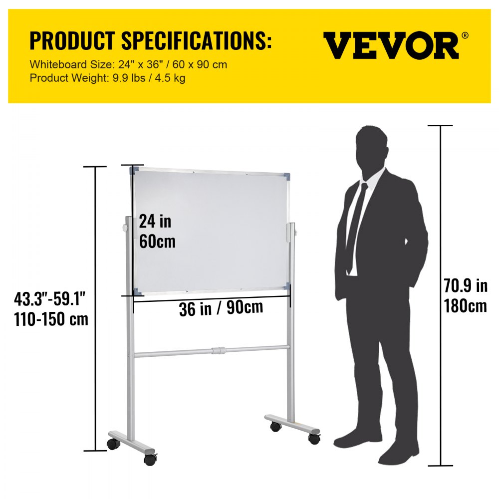 Mobile Magnetic Whiteboard, 36 x 24 Inch, Double Sided, 360 Degree Reversible Rolling Dry Erase Board, Height Adjustable with Aluminum Frame and Lockable Swivel Wheels, for Office School Home