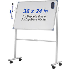 Mobile Magnetic Whiteboard, 36 x 24 Inch, Double Sided, 360 Degree Reversible Rolling Dry Erase Board, Height Adjustable with Aluminum Frame and Lockable Swivel Wheels, for Office School Home