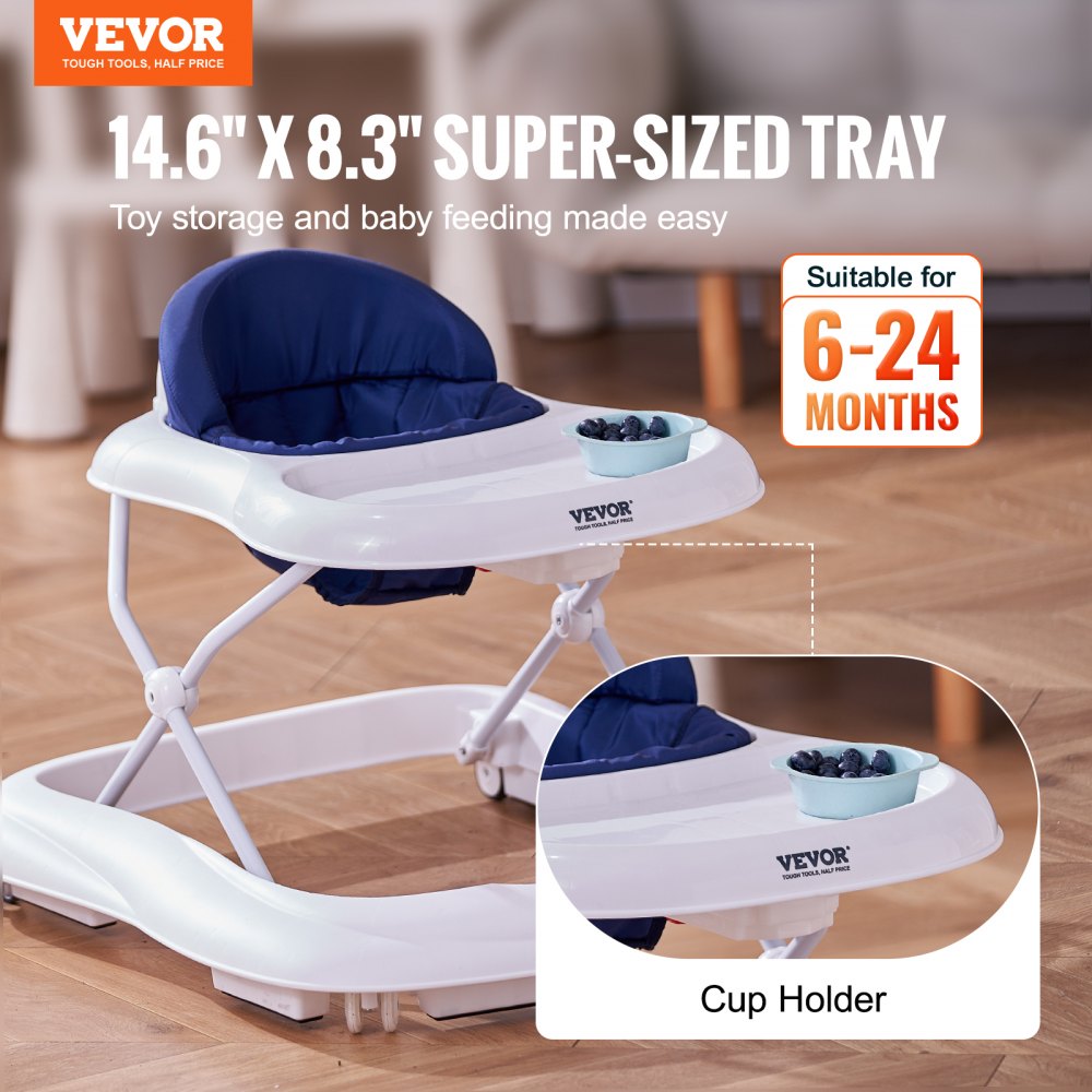 Baby Walker, Foldable Baby Walkers with 3-Level Adjustable Height, Rolling Toddler Walker and Activity Center with Wheels & Feeding Tray, Anti-Rollover Activity Helper for Boy Girl 6-12 Months