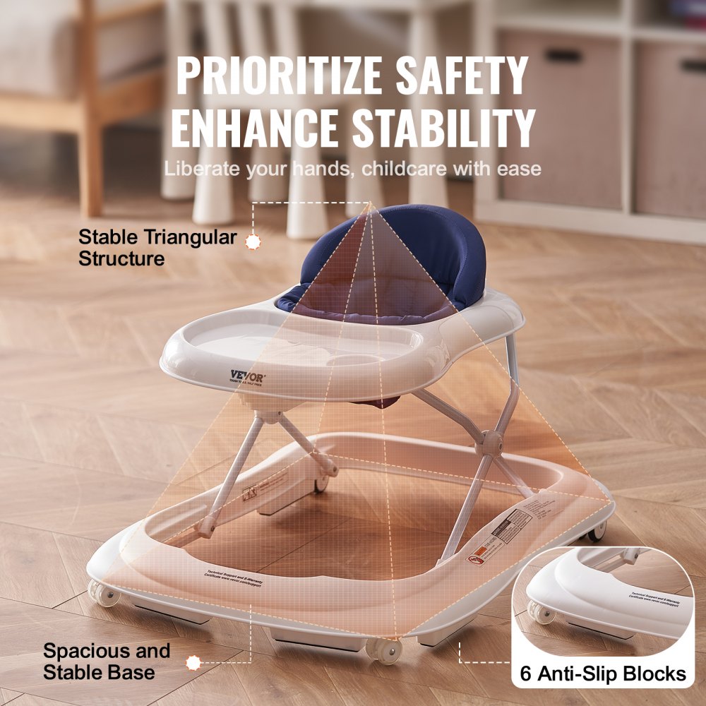 Baby Walker, Foldable Baby Walkers with 3-Level Adjustable Height, Rolling Toddler Walker and Activity Center with Wheels & Feeding Tray, Anti-Rollover Activity Helper for Boy Girl 6-12 Months