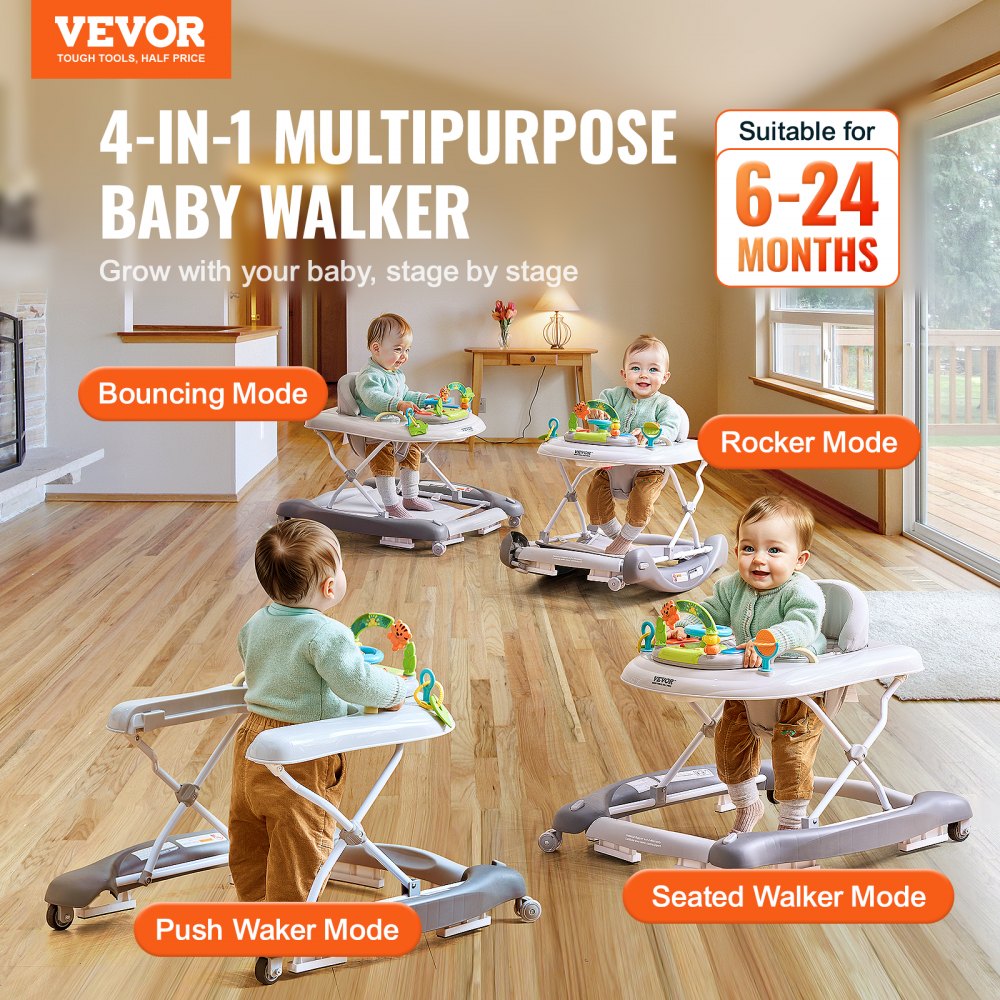 4-in-1 Baby Walker, Foldable Baby Activity Center on Wheels, 3 Adjustable Height, Music & Toys Tray, Learning-Seated | Walk-Behind | Rocker | Bouncer Toddler Walker for Girls Boys  6-24 Months