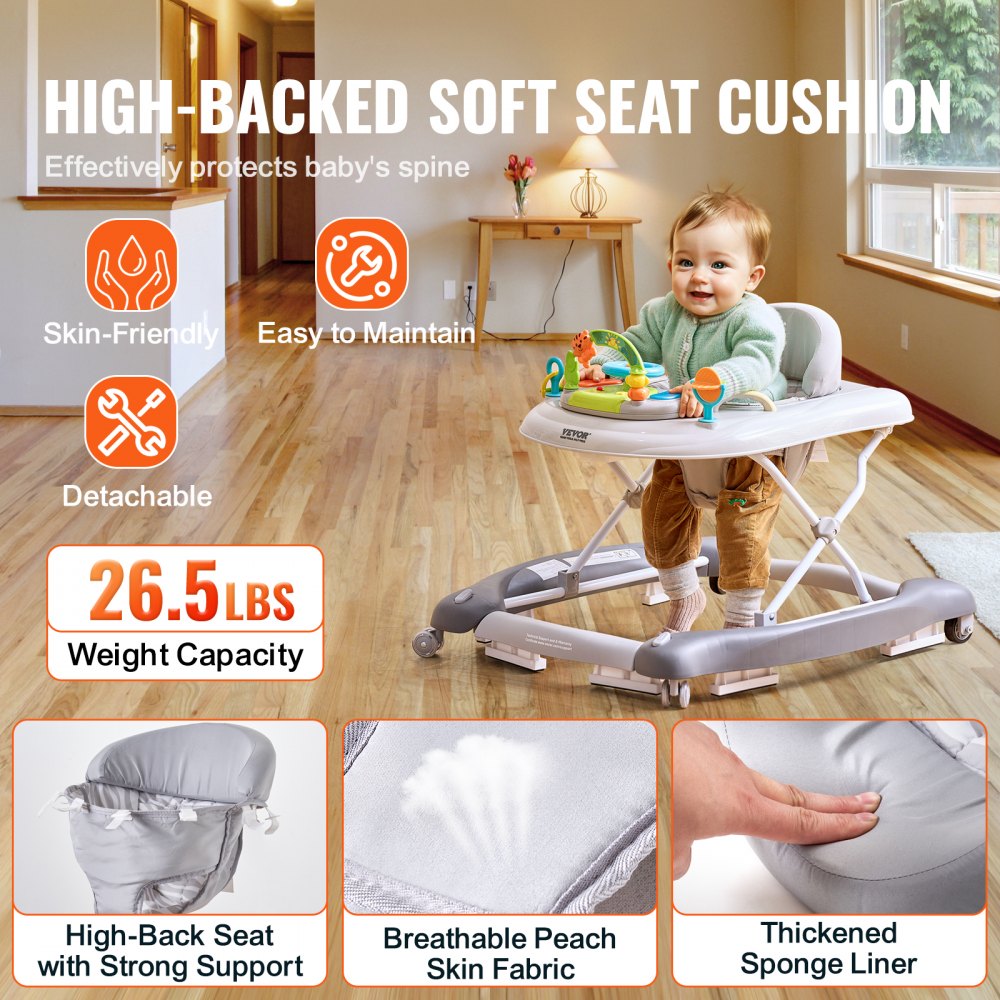 4-in-1 Baby Walker, Foldable Baby Activity Center on Wheels, 3 Adjustable Height, Music & Toys Tray, Learning-Seated | Walk-Behind | Rocker | Bouncer Toddler Walker for Girls Boys  6-24 Months