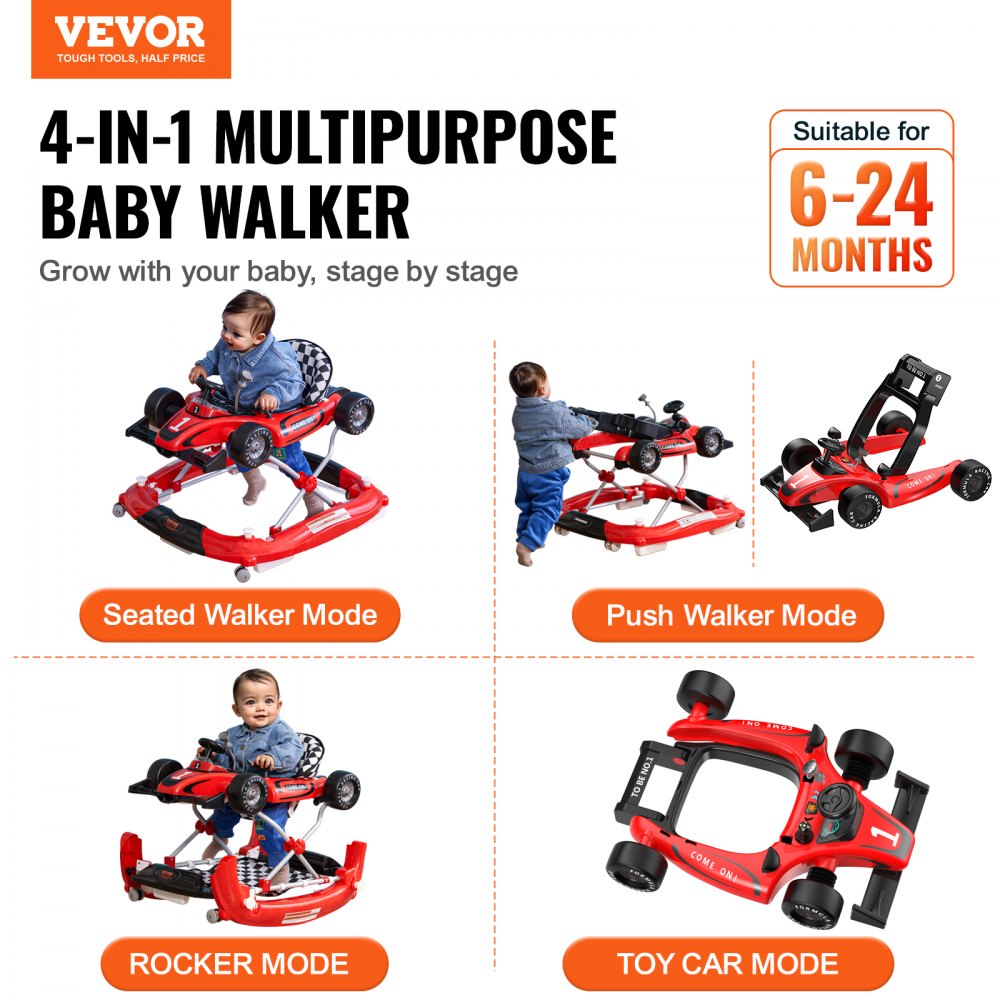 4-in-1 Baby Walker, Foldable Baby Activity Center on Wheels, Adjustable Height, Light, Steering Wheel, Toy Car | Learning-Seated | Walk-Behind | Rocker Toddler Walker for 6-24 Month Boys Girls