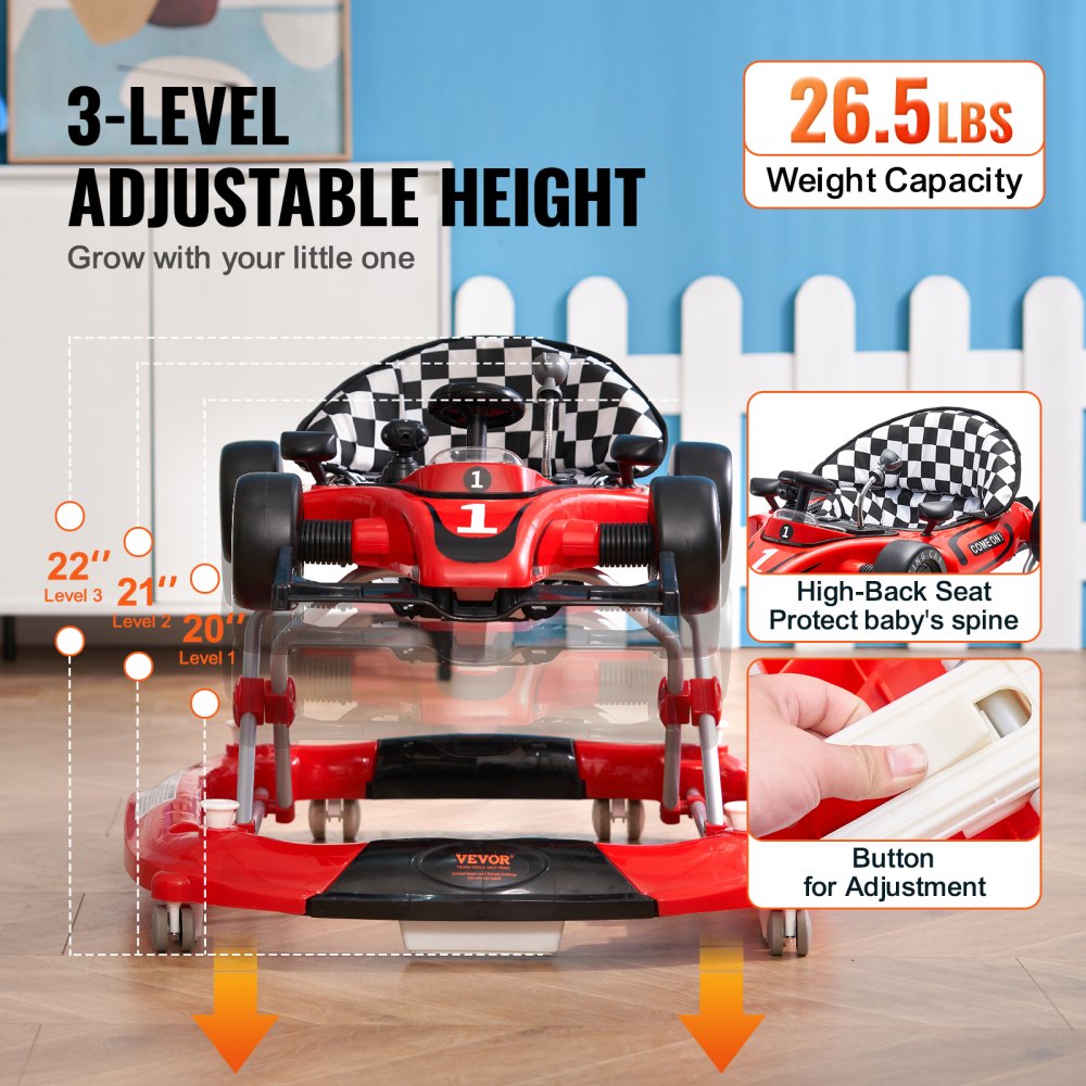 4-in-1 Baby Walker, Foldable Baby Activity Center on Wheels, Adjustable Height, Light, Steering Wheel, Toy Car | Learning-Seated | Walk-Behind | Rocker Toddler Walker for 6-24 Month Boys Girls