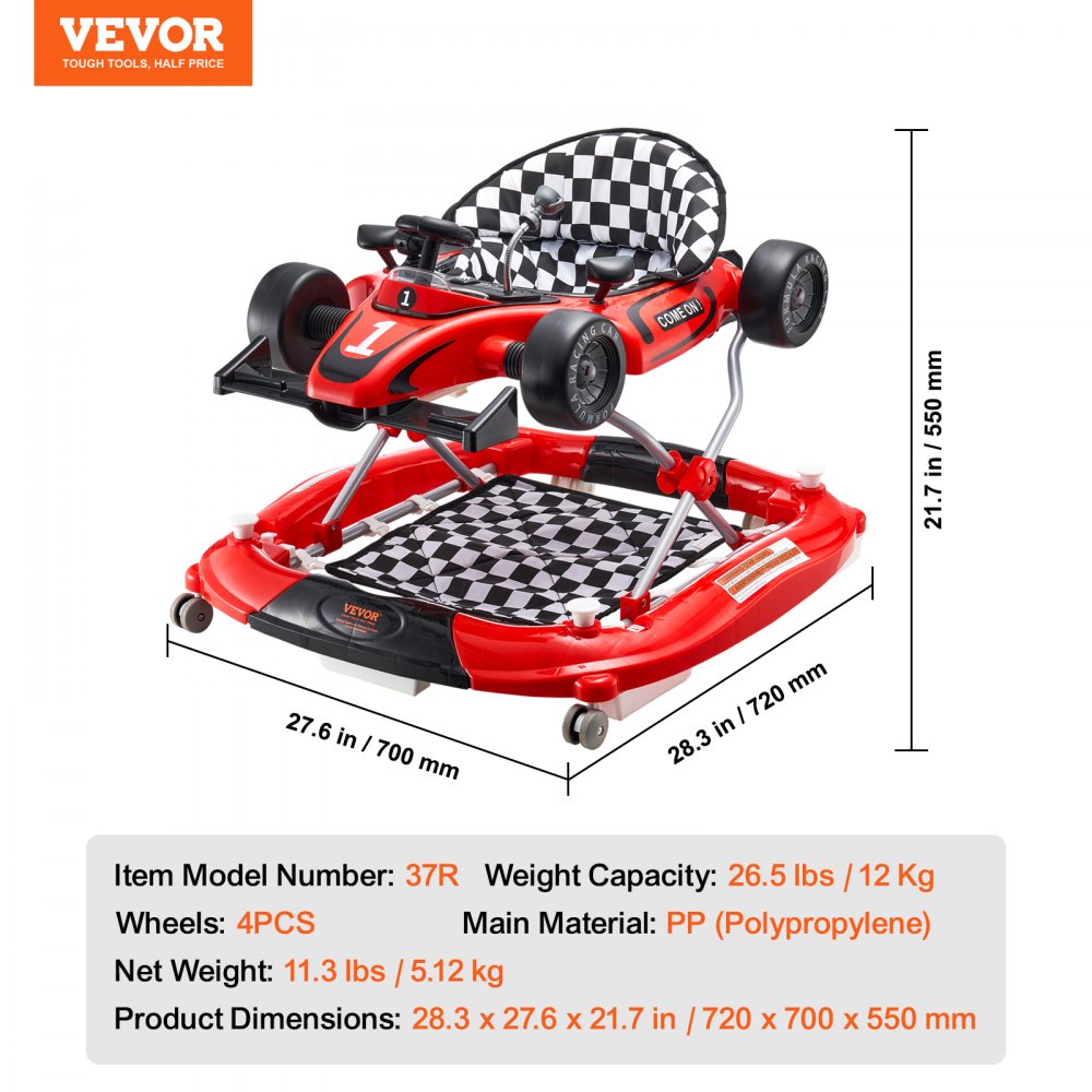 4-in-1 Baby Walker, Foldable Baby Activity Center on Wheels, Adjustable Height, Light, Steering Wheel, Toy Car | Learning-Seated | Walk-Behind | Rocker Toddler Walker for 6-24 Month Boys Girls