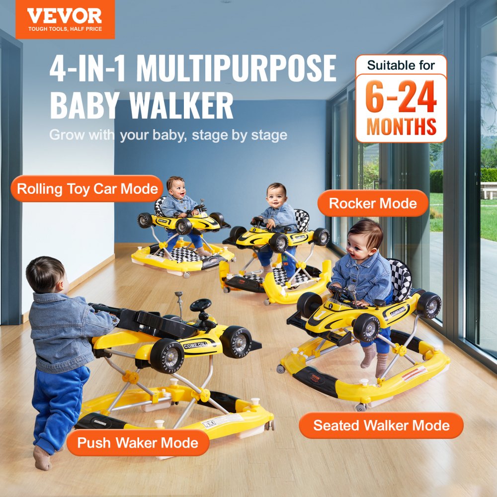 4-in-1 Baby Walker, Foldable Baby Activity Center on Wheels, Adjustable Height, Light, Steering Wheel, Toy Car | Learning-Seated | Walk-Behind | Rocker Toddler Walker for 6-24 Month Boys Girls