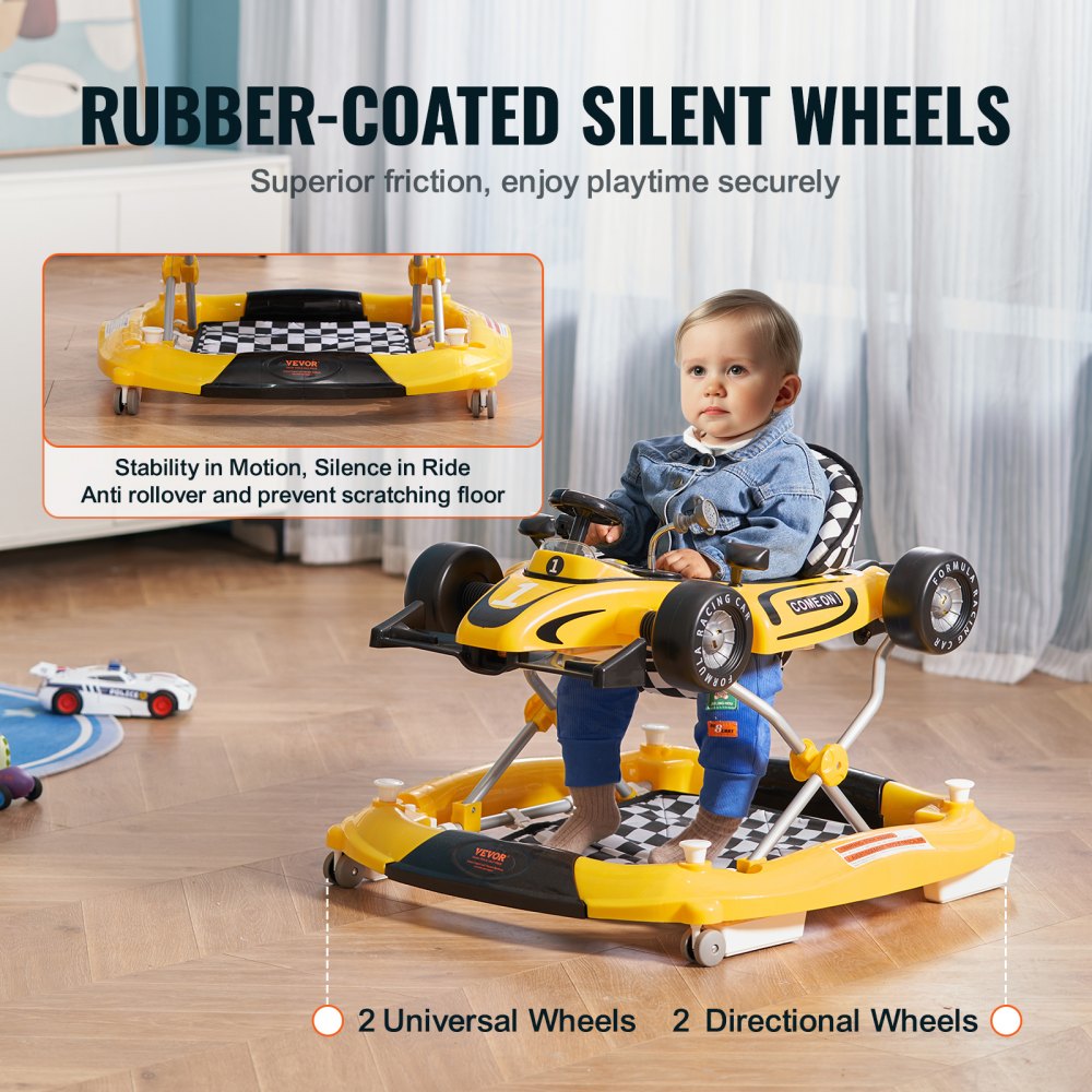 4-in-1 Baby Walker, Foldable Baby Activity Center on Wheels, Adjustable Height, Light, Steering Wheel, Toy Car | Learning-Seated | Walk-Behind | Rocker Toddler Walker for 6-24 Month Boys Girls