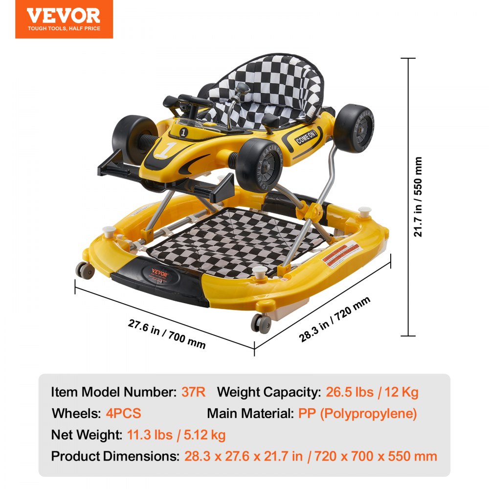 4-in-1 Baby Walker, Foldable Baby Activity Center on Wheels, Adjustable Height, Light, Steering Wheel, Toy Car | Learning-Seated | Walk-Behind | Rocker Toddler Walker for 6-24 Month Boys Girls