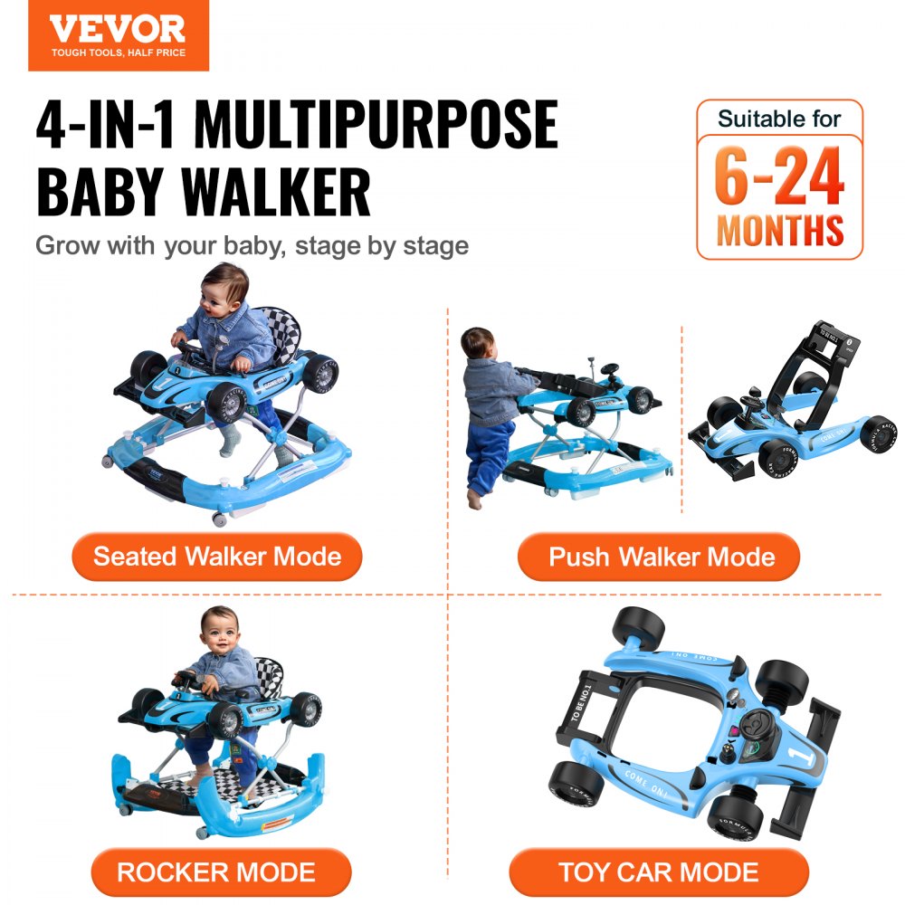 4-in-1 Baby Walker, Foldable Baby Activity Center with Wheels, Adjustable Height, Light, Steering Wheel, Learning-Seated | Walk-Behind | Toy Car | Rocker Toddler Walker for Boys Girls 6-24 Month