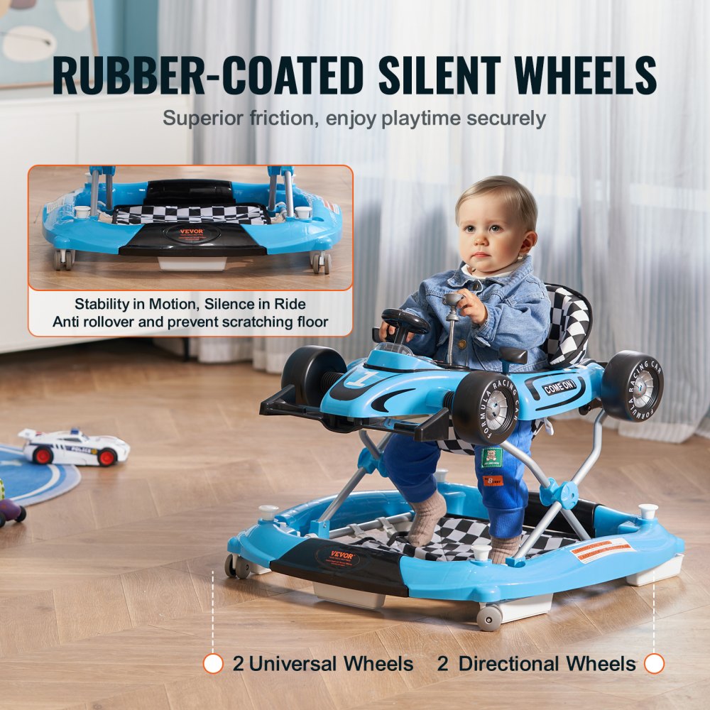 4-in-1 Baby Walker, Foldable Baby Activity Center with Wheels, Adjustable Height, Light, Steering Wheel, Learning-Seated | Walk-Behind | Toy Car | Rocker Toddler Walker for Boys Girls 6-24 Month