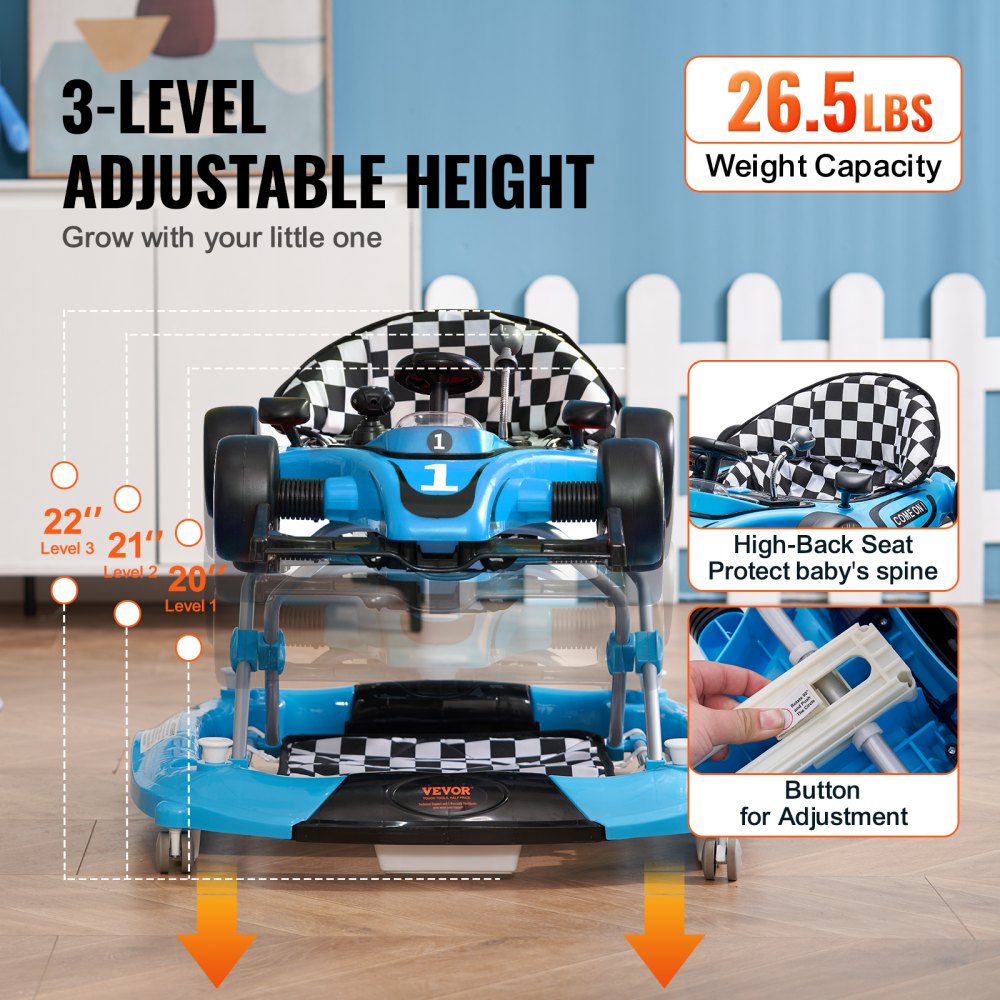 4-in-1 Baby Walker, Foldable Baby Activity Center with Wheels, Adjustable Height, Light, Steering Wheel, Learning-Seated | Walk-Behind | Toy Car | Rocker Toddler Walker for Boys Girls 6-24 Month
