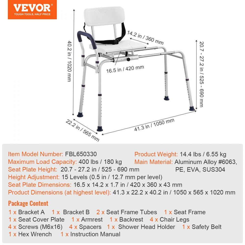 Sliding Tub Transfer Bench Shower Chair & Cut-Out Seat Reversible Backrest
