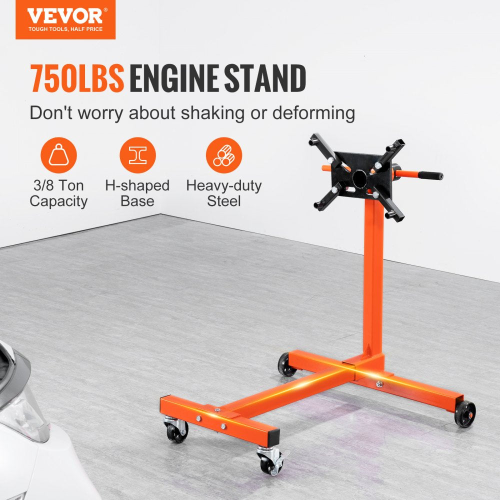 Engine Stand, 750 lbs (3/8 Ton) Rotating Engine Motor Stand with 360 Degree Adjustable Head, Cast Iron Motor Hoist Dolly, 4-Caster, 4 Adjustable Arms, for Vehicle Maintenance, Auto Repair