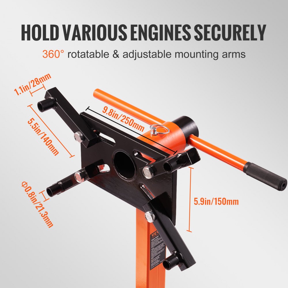 Engine Stand, 750 lbs (3/8 Ton) Rotating Engine Motor Stand with 360 Degree Adjustable Head, Cast Iron Motor Hoist Dolly, 4-Caster, 4 Adjustable Arms, for Vehicle Maintenance, Auto Repair