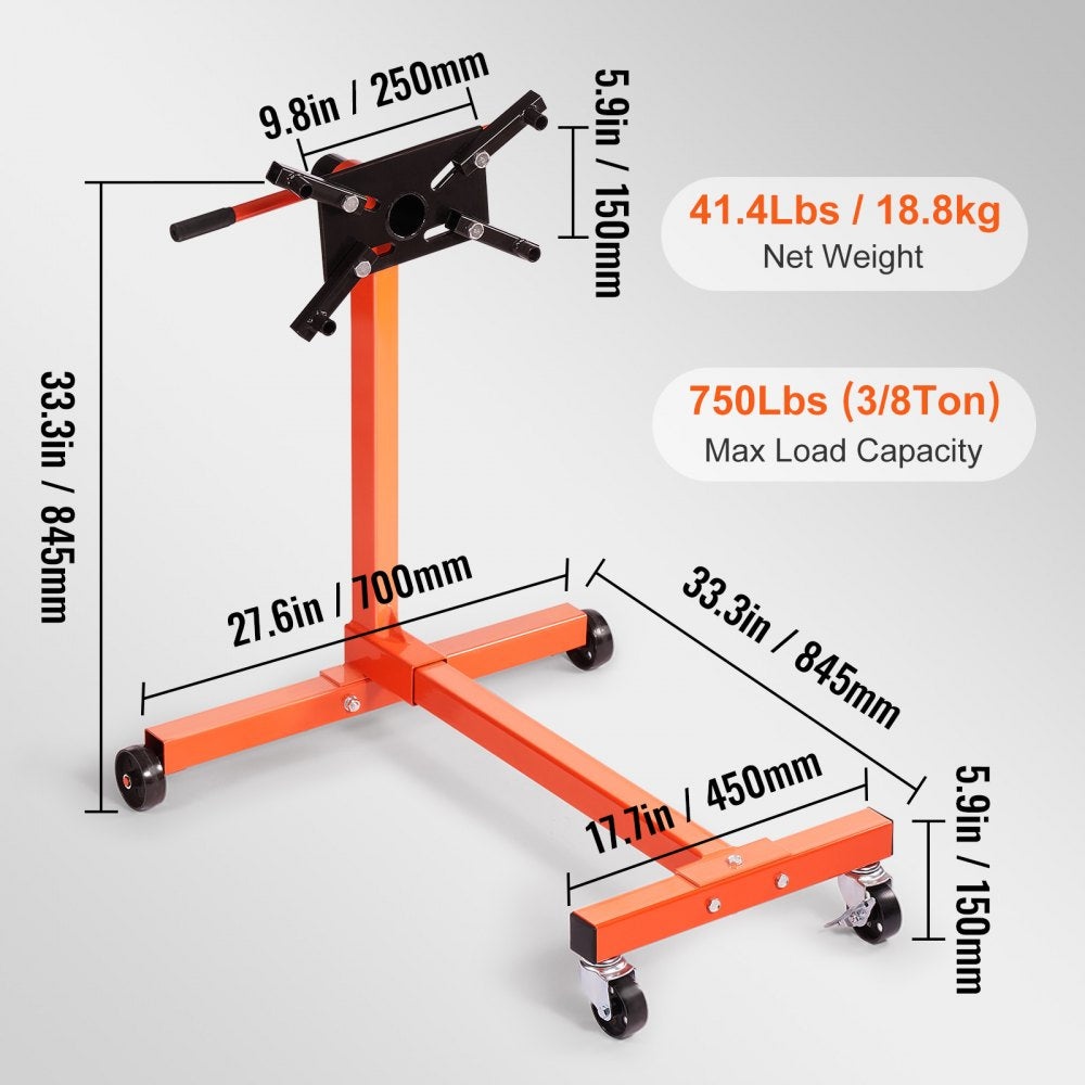 Engine Stand, 750 lbs (3/8 Ton) Rotating Engine Motor Stand with 360 Degree Adjustable Head, Cast Iron Motor Hoist Dolly, 4-Caster, 4 Adjustable Arms, for Vehicle Maintenance, Auto Repair
